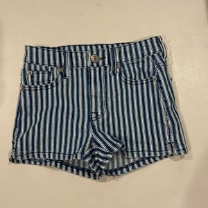 American Eagle blue and white striped jean shorts